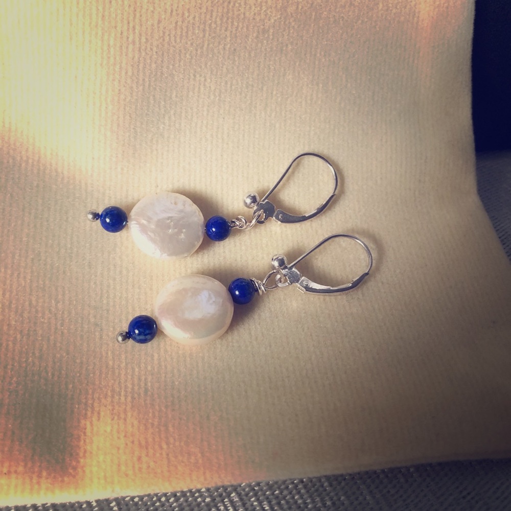 Lapis and Coin Pearl Earrings